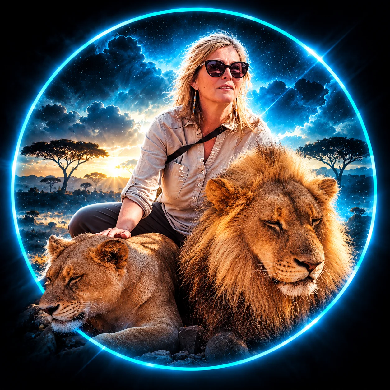 Portrait artwork of Terra Nicolle with a lion and lioness